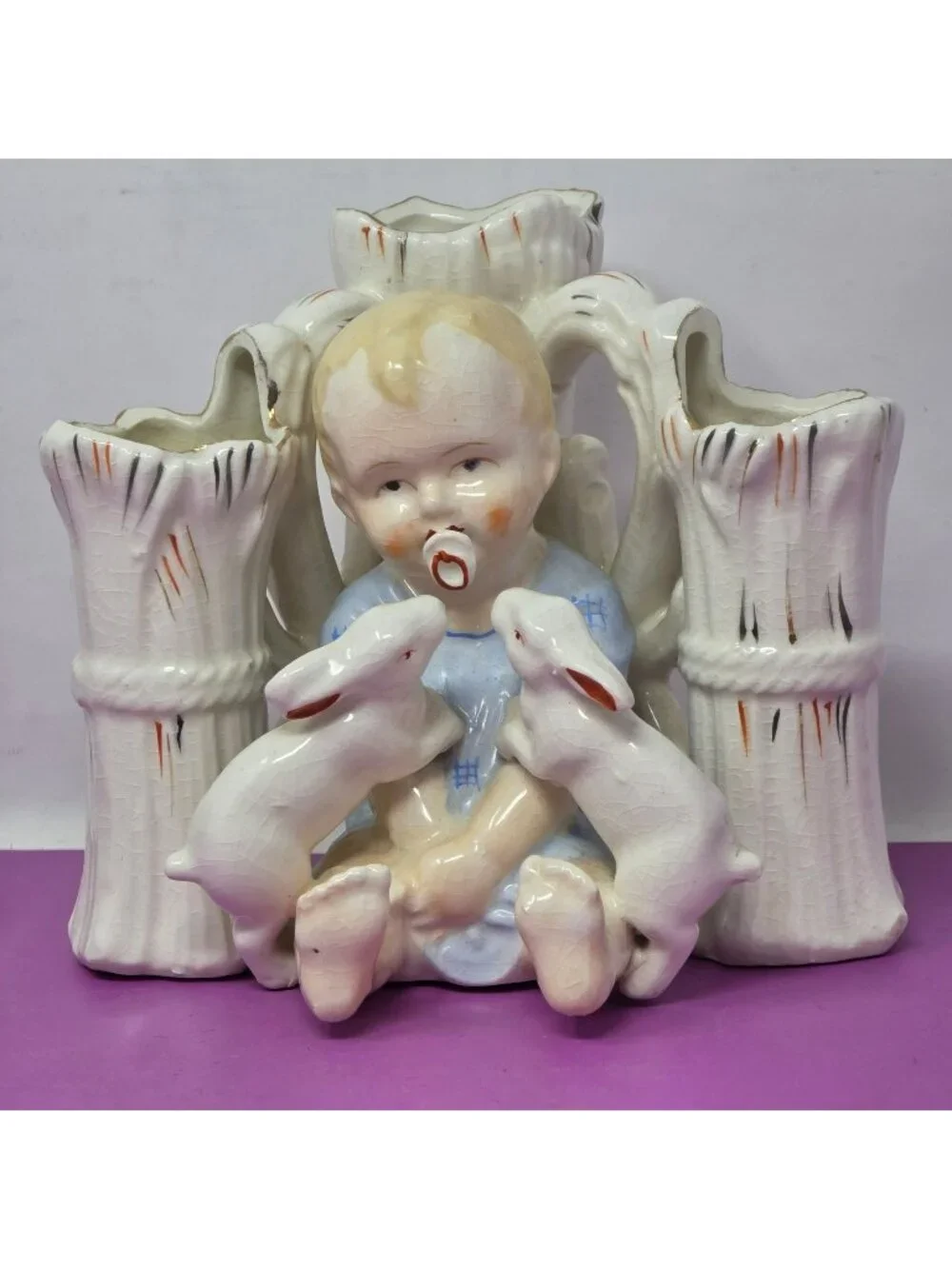 Vintage Made In Japan Baby‎ With Rabbits Ceramic Flower Vase Planter Figurine